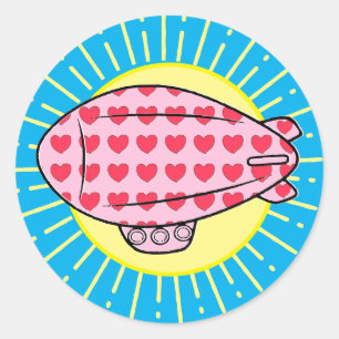 Pink Blimp Balloon Red Heart Pattern Custom Classic Round Sticker