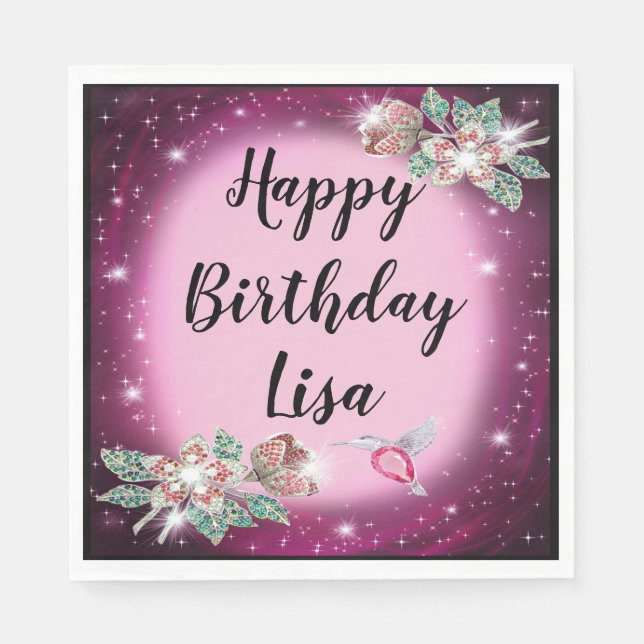 Pink Bling Floral Bird Birthday Napkin (Front)