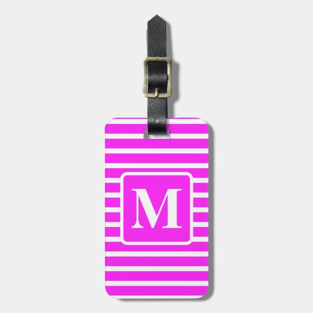 Pink Block Stripe Monogrammed Luggage Tag (Front Vertical)