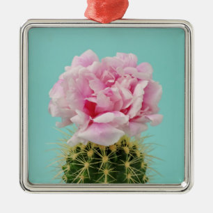 Pink Bloom Atop Spiky Cactus Metal Ornament