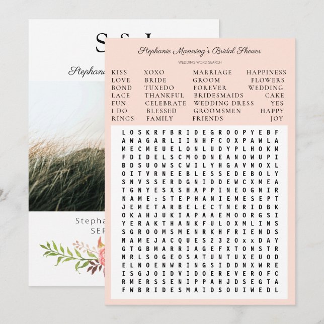 Pink Blooming Floral Bridal Shower Word Search Invitation (Front/Back)
