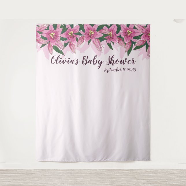 Pink Blooming Lilies Top Line Baby Shower Backdrop Tapestry (Front)