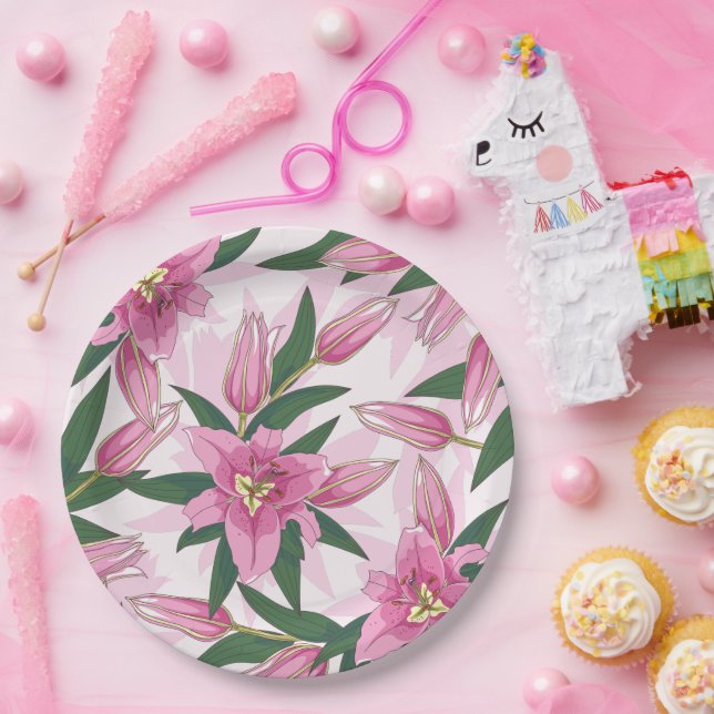 Pink Blooming Lily  Paper Plates  (Party)