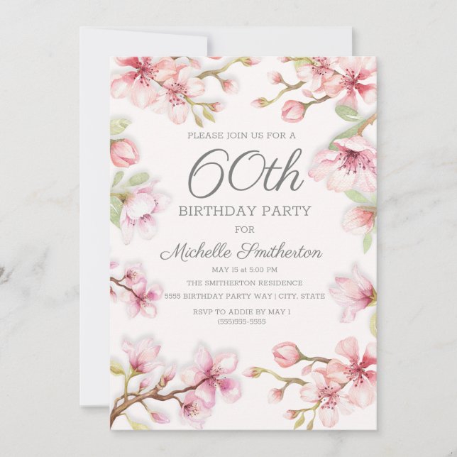 Pink Blooms Green Leaves Women's 60th Birthday Invitation (Front)