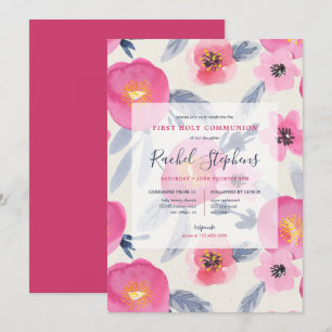 Pink Blooms Watercolor Floral First Holy Communion Invitation