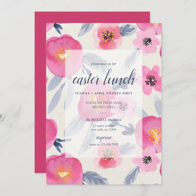 Pink Blooms Watercolor Florals Easter Lunch Invitation (Front/Back)