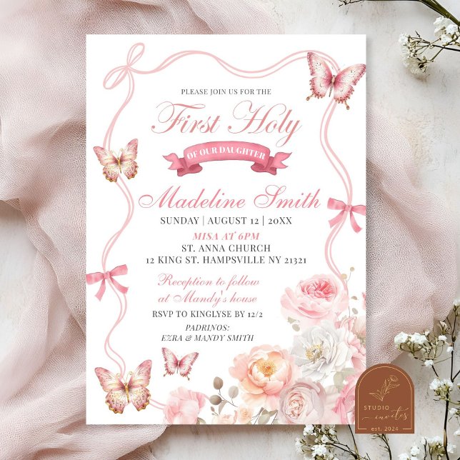Pink Blossom Floral Butterfly first holy communion Invitation (Creator Uploaded)