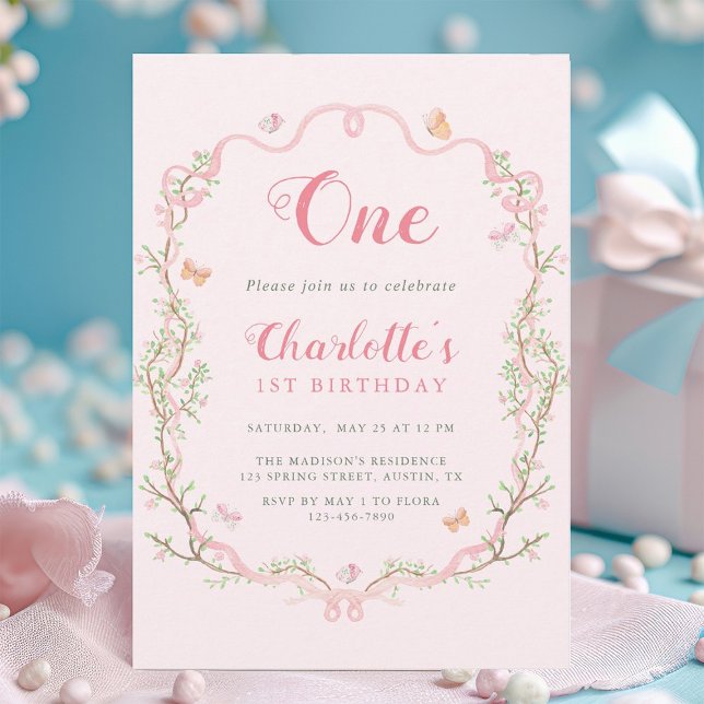Pink Blossom Floral Frame 1st Birthday Invitation (Creator Uploaded)