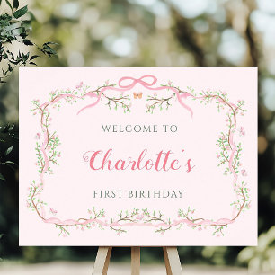 Pink Blossom Floral Frame 1st Birthday Welcome Poster
