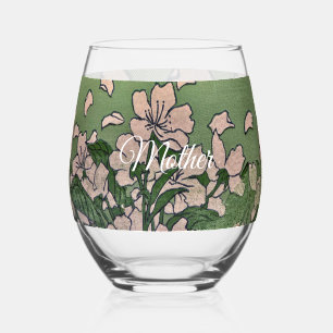 Pink Blossom Green Stemless Wine Glass
