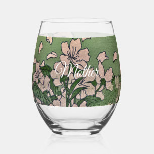 Pink Blossom Green Stemless Wine Glass