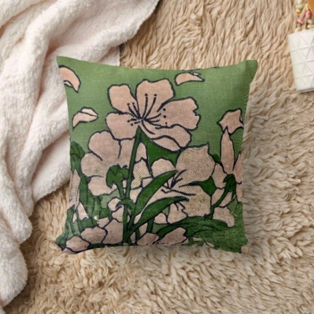 Pink Blossom Green Throw Pillow (Creator Uploaded)