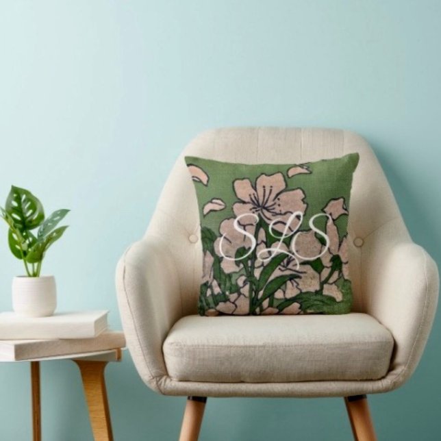 Pink Blossom Green Throw Pillow (Throw Pillow 100% polyester heavyweight stretch material. Hidden zipper Made in the USA.

)