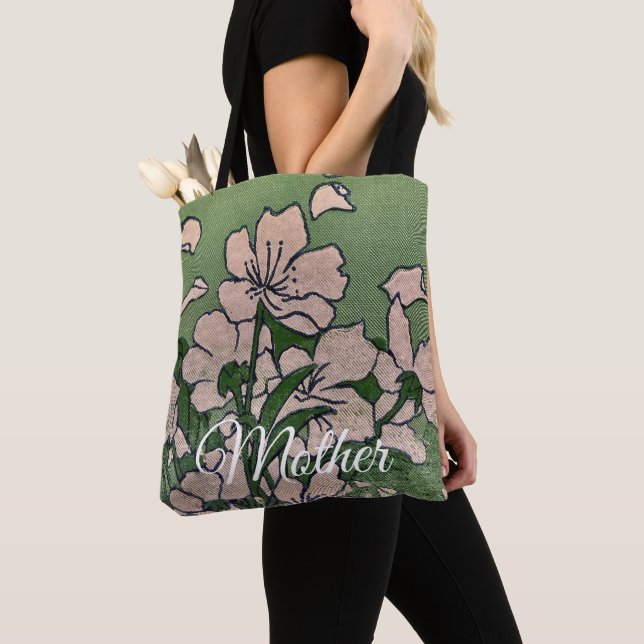 Pink Blossom Green Tote Bag (Close Up)