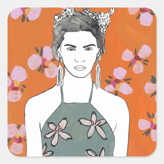 Pink Blossom Lady - Orange Square Sticker (Front)