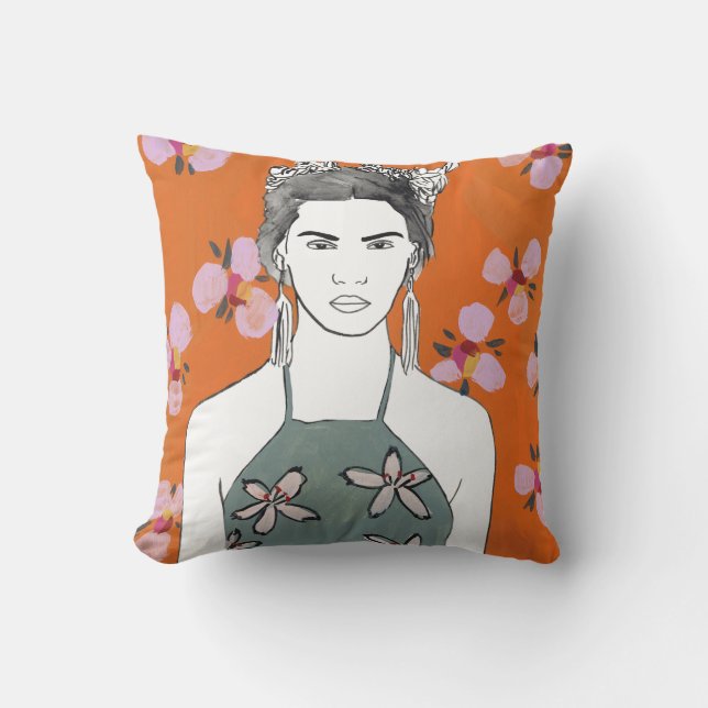 Pink Blossom Lady - Orange Throw Pillow (Front)