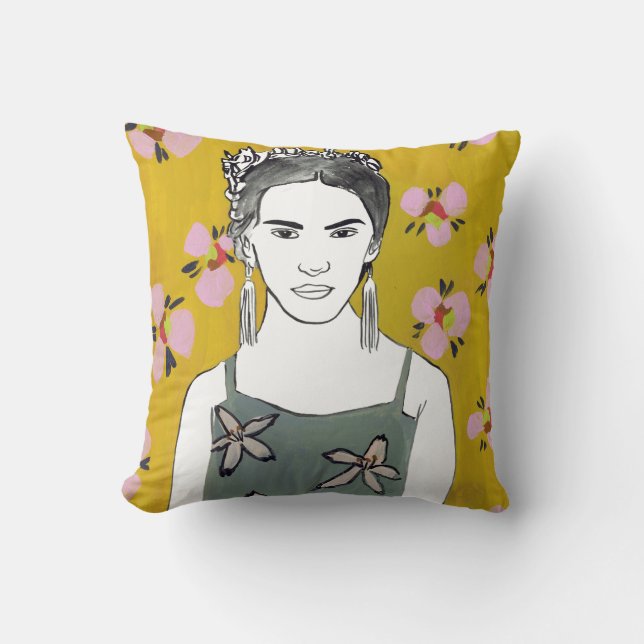 Pink Blossom Lady - Yellow Throw Pillow (Front)