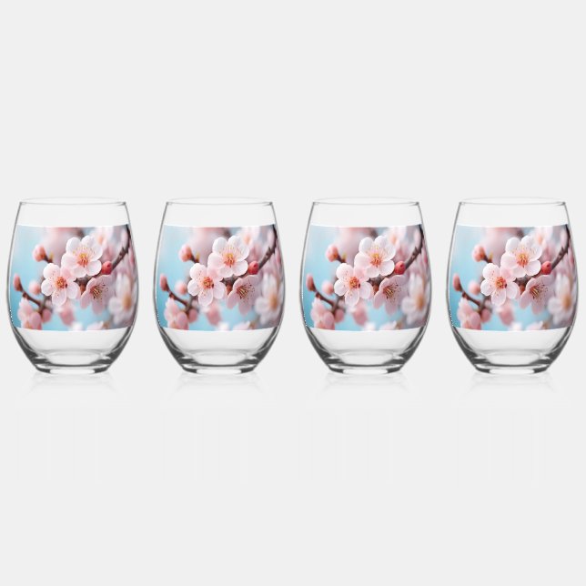 Pink Blossom Magic   Stemless Wine Glass (Front)