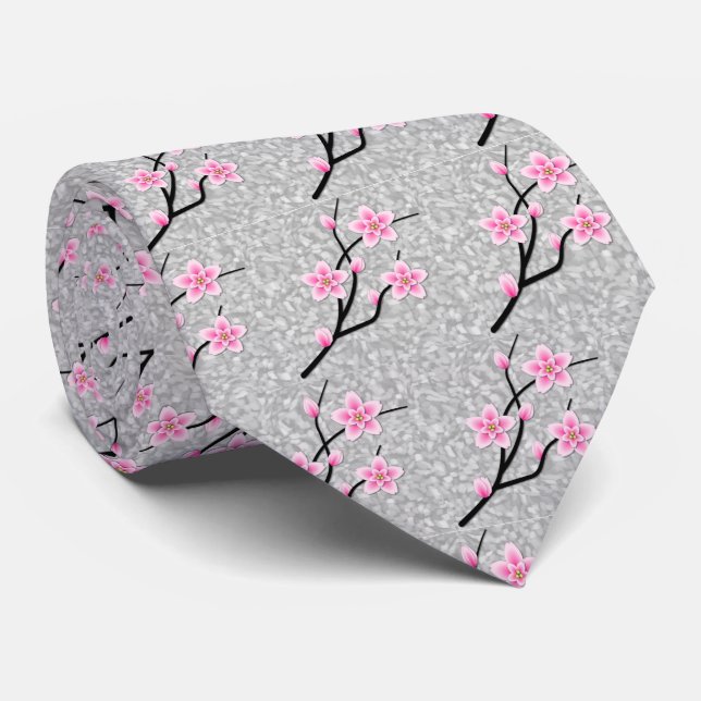 Pink Blossom Necktie with Abstract Grey (Rolled)