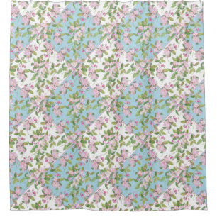 Pink Blossom on Blue and White Faux Patchwork