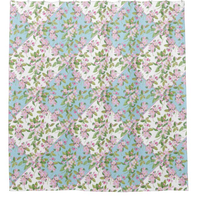 Pink Blossom on Blue and White Faux Patchwork (Front)