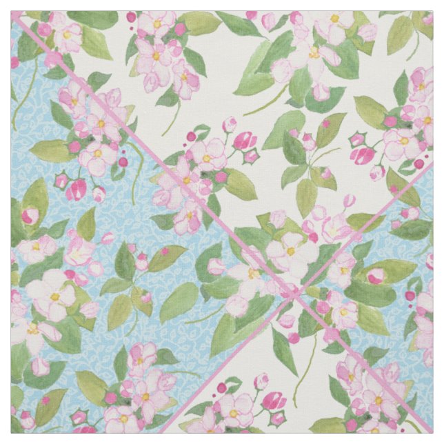 Pink Blossom on Blue and White Faux Patchwork Fabric (Swatch)