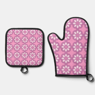 Pink Blossom Retro Tile Pattern Oven Mitt & Pot Holder Set