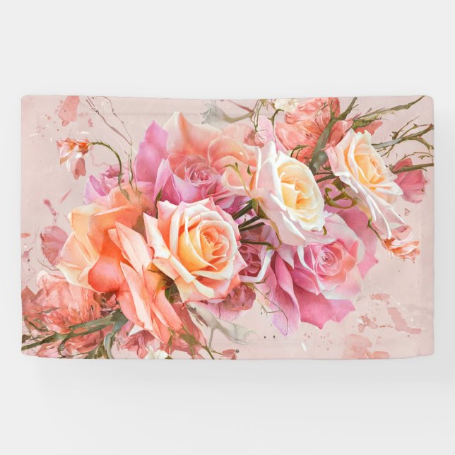 Pink Blossom Roses Watercolor Mural Art Print #1 Banner (Horizontal)