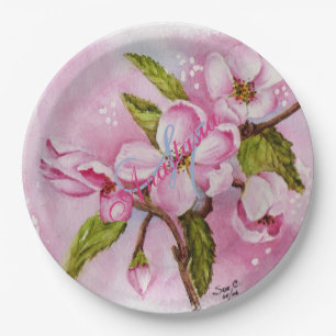 PINK BLOSSOM SPRING PARTY MONOGRAM PAPER PLATE