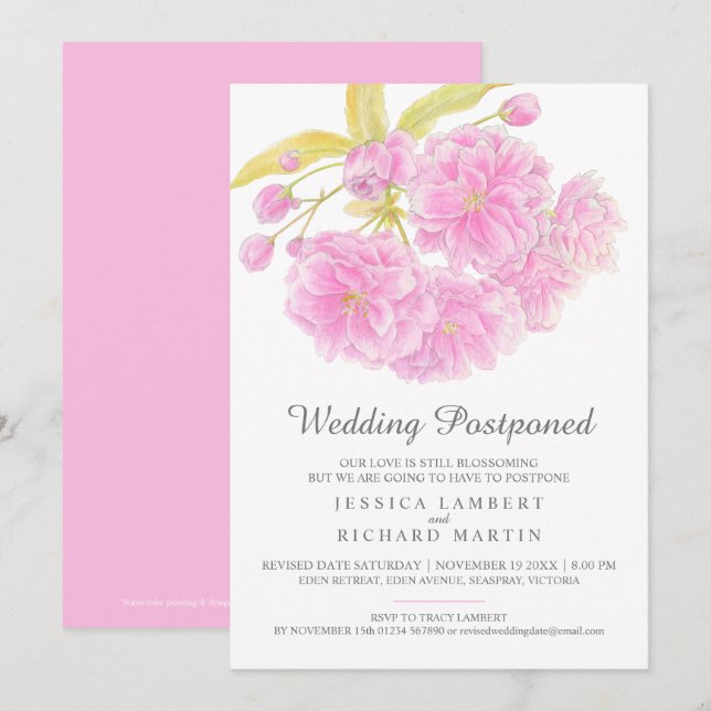 Pink blossom spring wedding postponed revised date invitation (Front/Back)