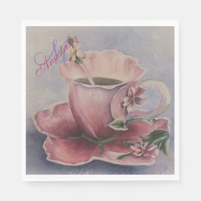PINK BLOSSOM TEA CUP MONOGRAM PARTY NAPKIN (Front)