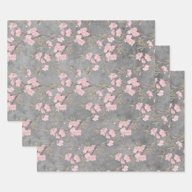 Pink Blossoms and Branches on Grey Wrapping Paper Sheet (Set)