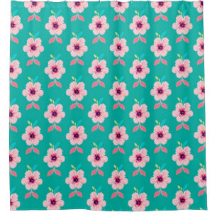 Pink Blossoms and Leaves on Teal Background