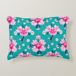 Pink Blossoms and Leaves on Teal Background Accent Pillow