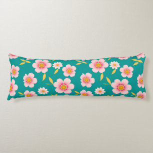Pink Blossoms and Leaves on Teal Background Body Pillow