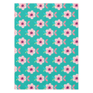 Pink Blossoms and Leaves on Teal Background Tablecloth