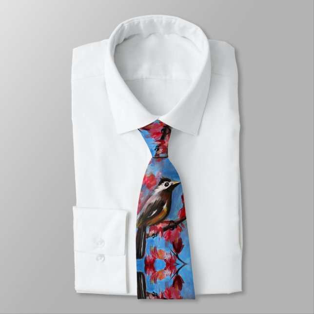 Pink Blossoms Bird Art Painting Tie (Tied)