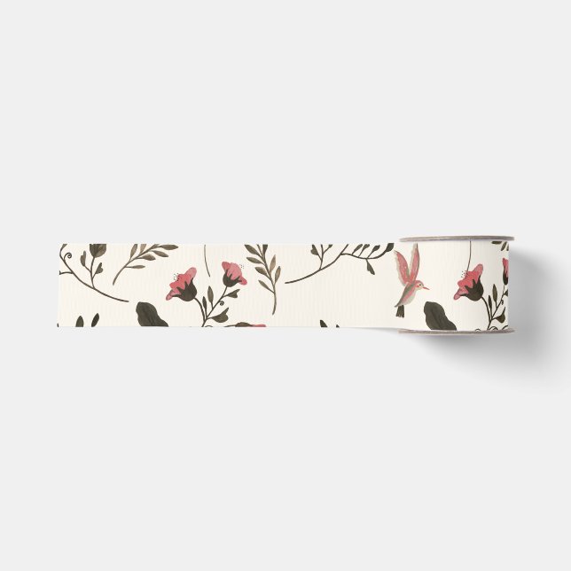 Pink Blossoms & Hummingbirds Floral Pattern Cream Grosgrain Ribbon (Front)