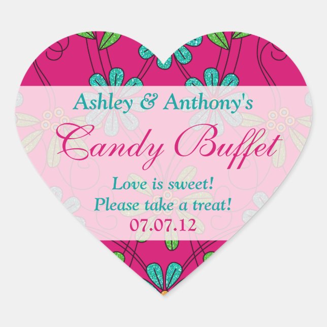 Pink Blue Abstract Daisy Floral Heart Candy Buffet Heart Sticker (Front)