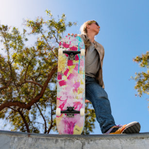 Pink Blue Abstract Paint Splatters Drips Grunge Skateboard