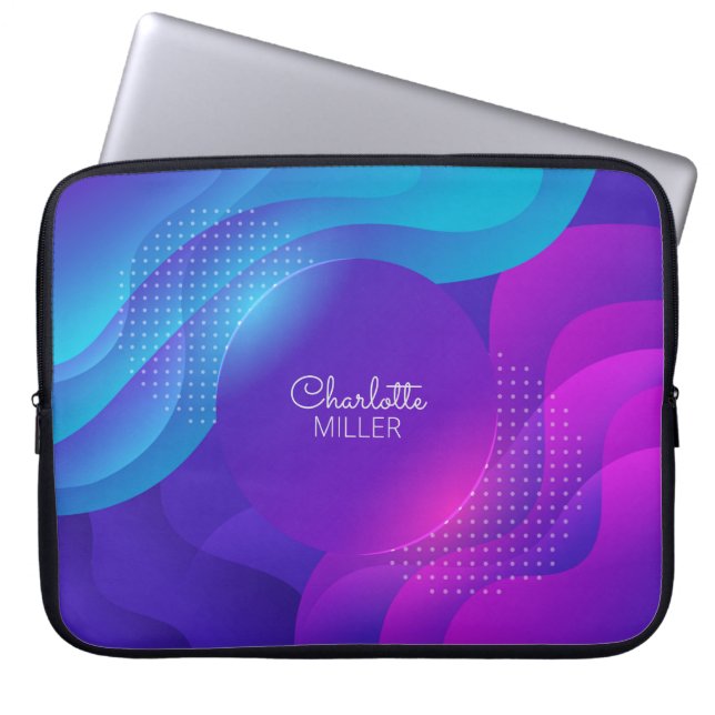 Pink-Blue Abstract Waves with Custom Name Laptop Sleeve (Front)