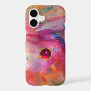 PINK BLUE ABSTRACT WITH 3D RED RUBY GEMSTONE
