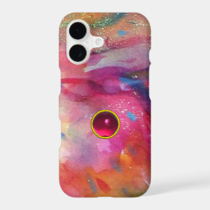 PINK BLUE ABSTRACT WITH 3D RED RUBY GEMSTONE