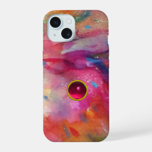 PINK BLUE ABSTRACT WITH 3D RED RUBY GEMSTONE iPhone 15 CASE
