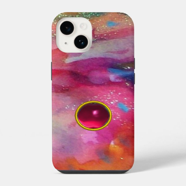PINK BLUE ABSTRACT WITH 3D RED RUBY GEMSTONE iPhone CASE (Back)