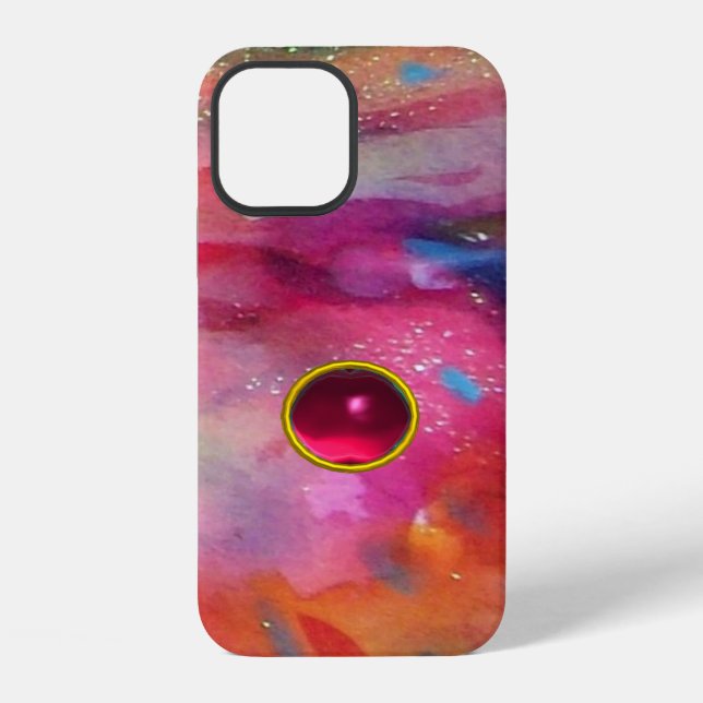PINK BLUE ABSTRACT WITH 3D RED RUBY GEMSTONE iPhone CASE (Back)