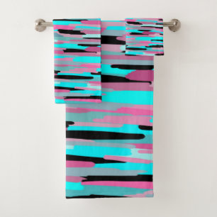 Pink Blue and Black Striped Art Print Bath Towel Set