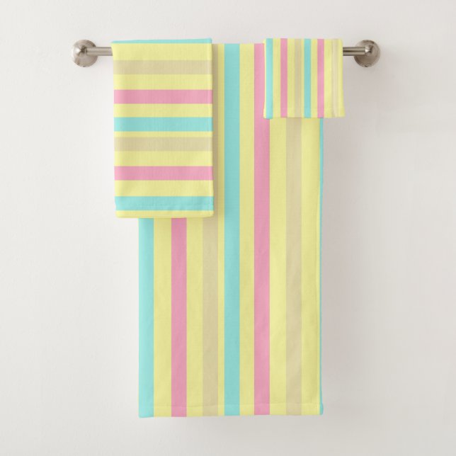 Pink, blue and brown stripes on yellow bath towel set (Insitu)