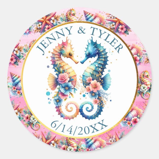 Pink, Blue and Gold Coastal Sand Dollar Beachy Classic Round Sticker (Front)