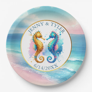 Pink, Blue and Gold Coastal Sand Dollar Beachy Paper Plate